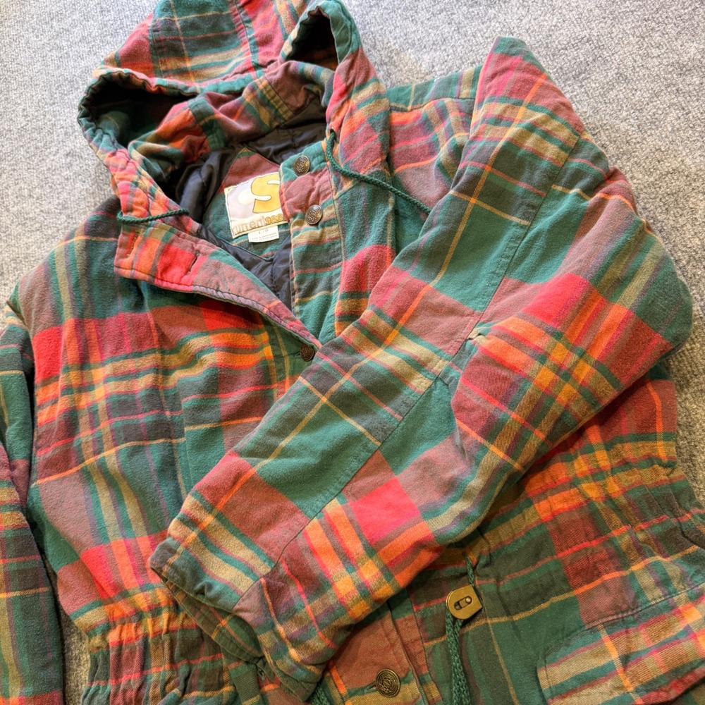 Current Seen Vintage Plaid Quilted Parka Jacket Red Green Flannel Hooded Large